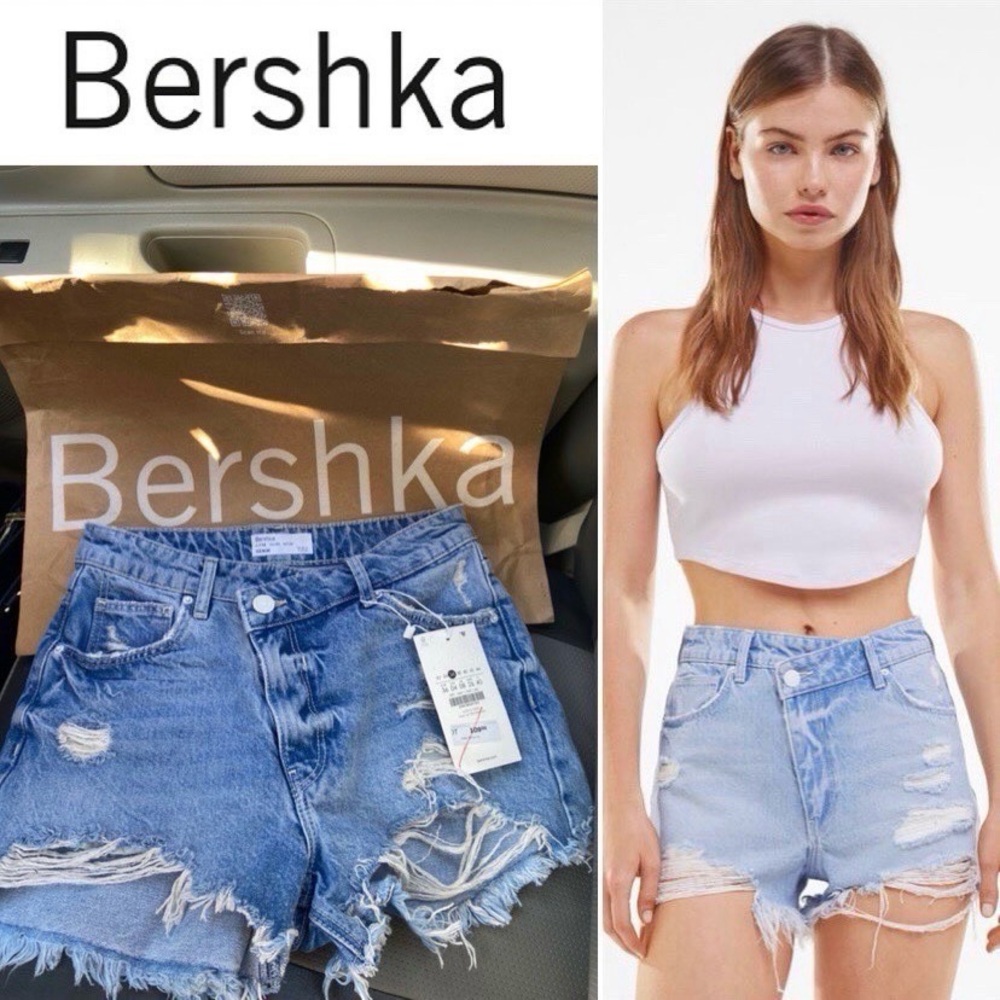 Bershka Blue Distressed High-Waisted Jean Shorts